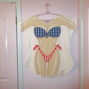 Y2K Vintage My Bikini Cover Up T-Shirt Stars & Stripes Patriotic One Size USA